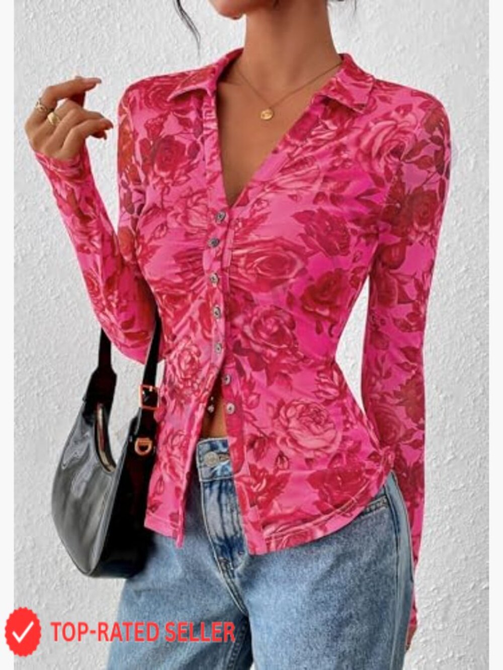 Floral Button Down Blouse V Neck Long Sleeve Sheer Mesh Boho Top Date Night - Picture 3 of 7
